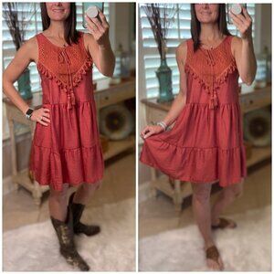 Crochet Tiered Ruffle Tassel Babydoll Cowgirl Rust 1821